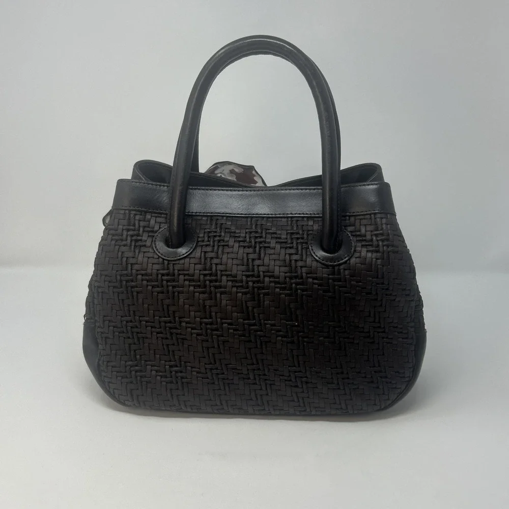 FURLA Italy Dark Brown Leather Woven Handbag Purse Satchel